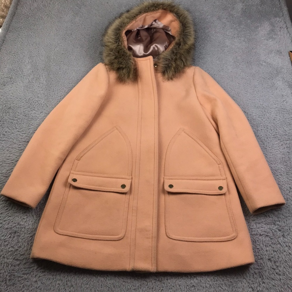 J Crew Chateau Parka Jacket Womens 6P Peach Fur Trim Hood Wool Blend Winter Coat
